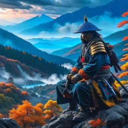 Samurai in the mountains hyper-realistic hyper-detailed 8k oil painting