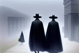 two people in capes and hats seen from behind walking side by side in an empty foggy plain by artist "Leonora Carrington"