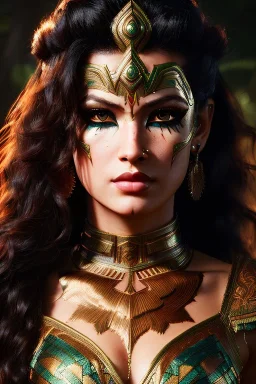 Amazon warrior, waist up portrait, 8k resolution, intricate details, ornate details, soft lighting, vibrant colors, retroanime, masterpiece, intricate eyeliner, dark eyeshadow, eyes, facepaint, hair, intricate tattoos, jungle background
