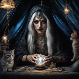 Hyper Realistic photographic-view of Wicked-&-Beautiful-Fortune-teller-with-cat-eyes wearing black-beed-necklace-&-bracelet angrily Looking at her crystal-ball glowing magically & sitting in her tent at dark-night decorated with fancy-traditional-feathers-&-tarot-cards showing dramatic & cinematic ambiance"