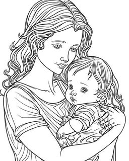 mother with her child coloring page, full body (((((white background))))), only use an outline., real style, line art, white color, clean line art, white background, Sketch style