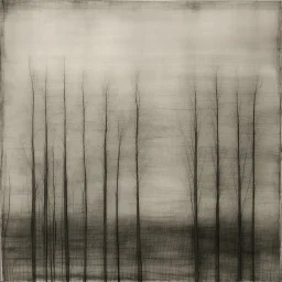 Minimalist rough abstract dusty Charcoal drawing of distant trees on a textured gesso background
