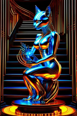 chrome chat robot cat woman creating crazy revenue in the style of escher and giger, spray paint, photo realism, trending on art station, 8k, depth of field, down light, light rays, volumetric, reflective spiral staircase, blue, brown and orange