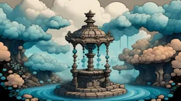 Dreamy mythological illustration with the water well in the clouds