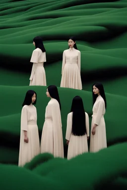 a group of women standing on top of a lush green hillside, inspired by Ren Hang, design milk, long black hair, whites, wanderers traveling from afar, trending on artisation, cloning spell, coat pleats, in twin peaks, submarine, by Helen Thomas Dranga, symetry, round-cropped, noire photo