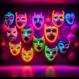 Hyper Realistic Neon-Lighting-Comedy-Masks-Floating On A Cultural Stage with Cultural-Celebration & Cultural-Ornaments Wall Background Cinematic & Dramatic Ambiance.