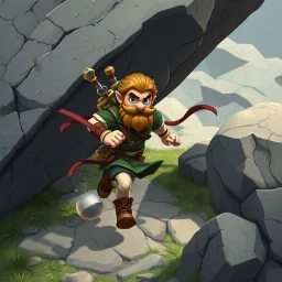 Male Fantasy RPG character, chaabi kawaii Mario proportions, lord of the rings inspiration, Vandyke beard, with a long ribbon held out in front as he runs from behind a large rock at an angle, isometric game