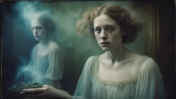 Ethereal half-body portrait, ghostly ectoplasmic electronics, vintage autochrome photography style, emotive expression, intricate textures, natural lighting enhancing details, dynamic composition, ethereal and captivating quality, hyper-realistic execution, striking dramatic lighting, surreal atmosphere, soft pastel color palette, by Julia Margaret Cameron and Gregory Crewdson