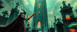 Epic portrait of paladin vs lich in tower cemetery in the style of Giger and Escher in Transparent Psychedelic Fluorescent Colors looking like a Record Cover, multidimensional depth of field, motion blur