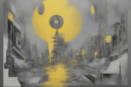 ink and paint of holo sizzle, arafed nonsense contradicting in liminal space, double negative vibe, unnerving vibe, whimisical influence, grotesque vibe, ink and tint leak, minimal, brutalist, Aztec, drab and gray and yellow