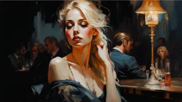 Blonde Pale Very Thin Scandinavian Woman 30yo, Big Eyes, Long Eyelashes And Eye Shadow, on steve Roger's lap kissing :: by Robert McGinnis + Jeremy Mann + Carne Griffiths + Leonid Afremov, black canvas, clear outlining, detailed