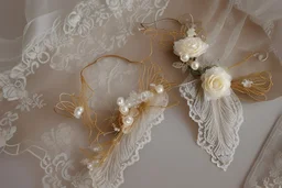 double exposure, garter flowers strung on wire with pearls and gems, heart and love, double exposure, merged layers, silver and gold tin foil, waterfall, in sunshine on a lace blanket