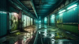 pasillo comercial subterráneo en ruinas, charcos de agua reflejando luces de neón moribundas, tiendas saqueadas con vidrios rotos, plantas trepadoras emergiendo entre las baldosas agrietadas, niebla tenue, composición simétrica, estilo cinematográfico