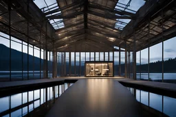 Ethereal glass structure that rises out of a serene lake, repurposed warehouse, offices and art studios, at twilight, high contrast, suspended over a serene body of water in Oregon, showcasing the innovative architectural style of Renzo Piano, captured by Hiroshi Sugimoto, professional architecture plan --ar 16:9