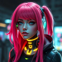 a pretty cyberpunk girl, android, bright hair, futuristic
