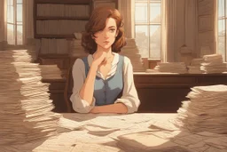 A pretty brown-haired woman sits in front of a table covered with handwritten letters, looking at them perplexedly, in an elegant room in the sunlight.