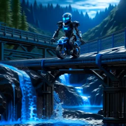 ninja robot doing bike stunt on bridge over waterfall, 8k, down-light, soft light, depth of field, photo realism, trending on art station, high detail