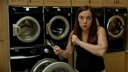 very confused young woman places a few metal spoons into her household dryer