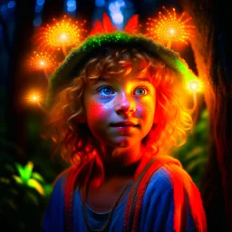 portrait of the cutest hippie pixie in the underground grove glowing light, in the style of dali, 8k, down-light, soft light, depth of field, photo realism, trending on art station, high detail, smoke and fog