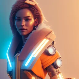 A beautiful portrait of a cyberpunk woman cyborg smiling facing camera orange color scheme, high key lighting, volumetric light high details with white stripes and feathers unreal 5, octane render, cinema4d, dynamic lighting, dramatic lighting, 4k, redshift render, highly detailed, hyper realistic