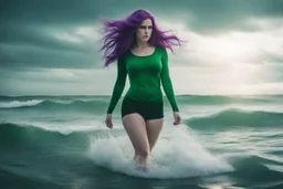 she stands in the ocean, wears only a green t-shirt, showing her alluring hips. Her violet hair framing her Scandinavian charm. she is Cthulhu' s messenger