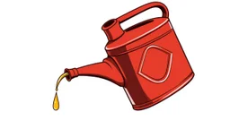 antique red oil-can with handle and spout tilted slightly with a drip of oil at the end, vector illustration