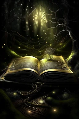 a gloomy mystical forest a magical book lies open, light comes out of it in the form of small golden dots shining golden highlights and grass sprouts branches everywhere a lot of swamp lights haze, Gothic, fantasy, detail, professional photo, detailed drawing, transparency, horror, hyperdetalization, full view, a very beautiful book. beautiful Gothic font