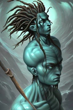 A young male water genasi with deep blue skin color, water shape like dreads on head. Shaolin monk with long stick weapon