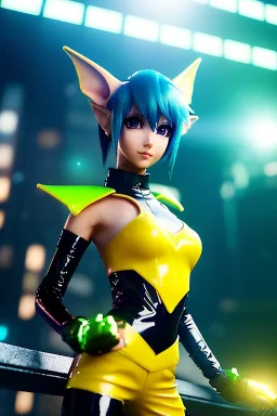 Futuristic anime elf, waist up portrait, physically fit, latex and leather attire, blue eyes, green and yellow hair, one pair of ears, intricate eyeliner, vibrant eyeshadow, clear completion, soft lighting, 4k resolution, intricate details, insanely detailed, colorful cityscape background, masterpiece, expert, cinematic smooth, retroanime style, realistic details, no helmet