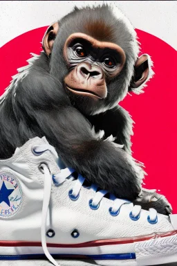 a profile picture of a small gorilla sitting in a p7rple Converse sneaker, like it's a car, comic style