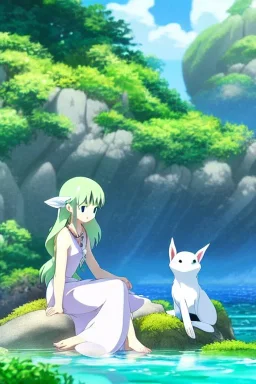 Female sea elf sitting on a rock with her animal friends, highly detailed, art by studio ghibli, laughing, picnic, nature, Grove, oasis