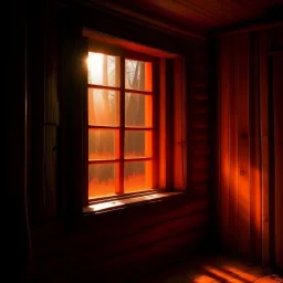 atmospheric deep orange light coming through a cabin window