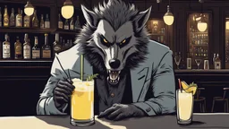 A werewolf with a pompadour haircut drinking a Pina Colada at a bar in London. Illustration.