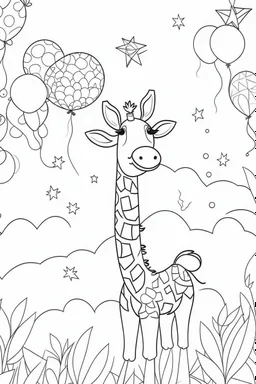 HAPPY NEW YEAR colouring page for kids,Giraffe reaches for starlit balloons, thick outline, low details, no shading, no colour