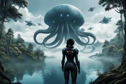 A woman with dark hair, in an android suit, looking out over a lake, in an alien forest, with tall cloud trees, flying Portuguese men of war with octopus tentacles