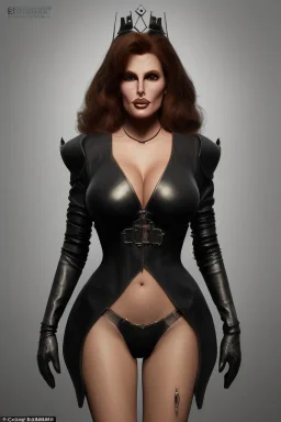 Raquel Welch as evil queen in black leather, leather, busty, cleavage, angry, stern look. character design by cory loftis, fenghua zhong, ryohei hase, ismail inceoglu and ruan jia. unreal engine 5, artistic lighting, highly detailed, photorealistic, fantasy