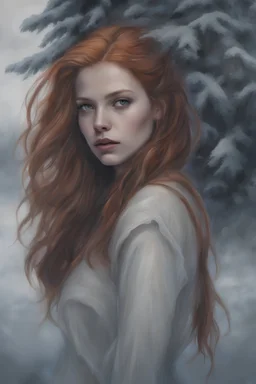 Vampire, eye candy Alexandra "Sasha" Aleksejevna Luss oil paiting style Artgerm Tim Burton, subject is a beautiful long ginger hair female in a snowy seascape in the ice