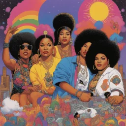 women of hip hop [physchedelic album cover illustration colourful 3 feet high and rising, de la soul (1989)] Salt and pepper, Shay, Queen Latifah, Roxanna chanté