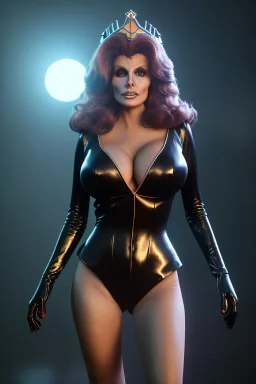 Raquel Welch as evil queen in black leather gown, angry, busty, curvey, cleavage, unreal 5, octane render, cinema4d, dynamic lighting, dramatic lighting, 4k, redshift render, highly detailed, hyper realistic