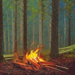 Wilderness survival shelter in forest with campfire, painting style