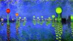 Fantasy cyberpunk world, claude monet painting