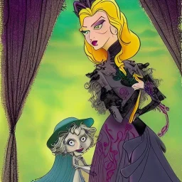 extrem tim burton style and disney style of an old and extrem malicious stepmother, sharp focus, sneaky eyes, old face