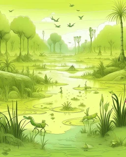 A light yellowish green swamp with bugs in daylight designed in ancient Egyptian hieroglyphics painted by Zosan