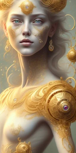 ultradetailed beautiful portrait painting of love Aphordite with short flowing golden hair and sharp piercing gaze of deep grey eyes, alluring beauty, smile lip, wearing jewels, roses, ultra ornate, gold leaf deatils, wearing white dress, by conrad roset, greg rutkowski and artgerm, trending on artstation