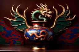 realistic photo of old Chinese cloisonne vase with dragon pattern