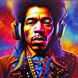 a realistic picture of Jimi Hendrix at a turntable with headphones on being a DJ, vivid color, with sunglasses, psychedelic trippy art, with UFOs in the background