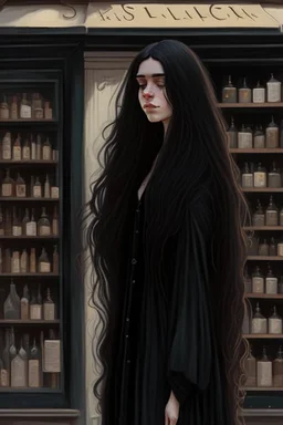 tall thin girl in black clothes, long dark wavy hair, outside an apothecary shop