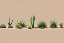 Isolated concept art of multiple types of alien plant on a plain neutral background. Designed for Desert biome – dry, spiky, brittle grass with sharp edges, and pale dusty colors