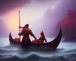 sango fantasy, fantasy magic, intricate, sharp focus, illustration, highly detailed, digital painting, concept art, matte, Greek mythology Charon ferryman in boat on river styx, sharp jagged rocks, red purple blue colours, red hot lava river