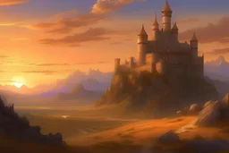 Castle in background, low detail, eastern sierra setting, fantasy creatures, wide-shot, landscape, sunset